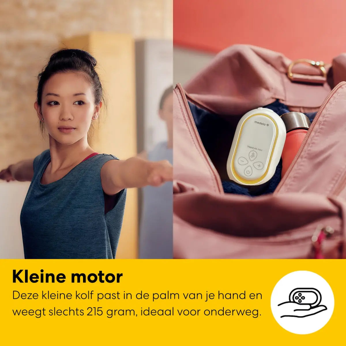 De ultracompacte kolfmotor van de Medela Freestyle Mini past gemakkelijk in een tas of broekzak tijdens activiteiten.