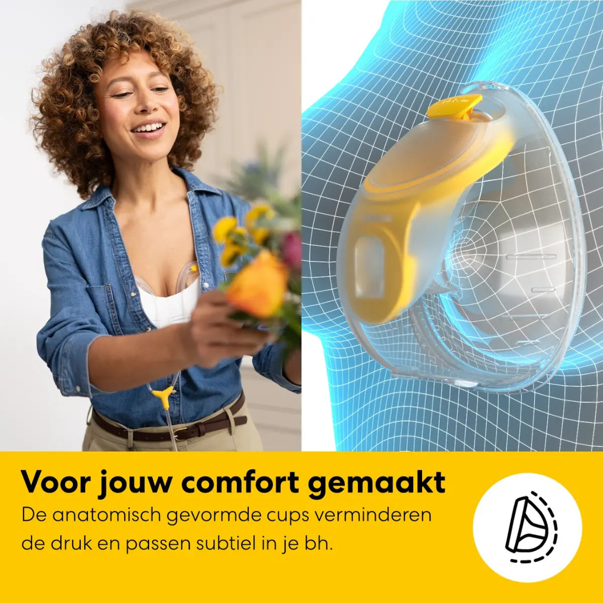 Anatomische weergave van hoe de flexibele Medela Freestyle Mini handsfree cup zich comfortabel naar de borst vormt.