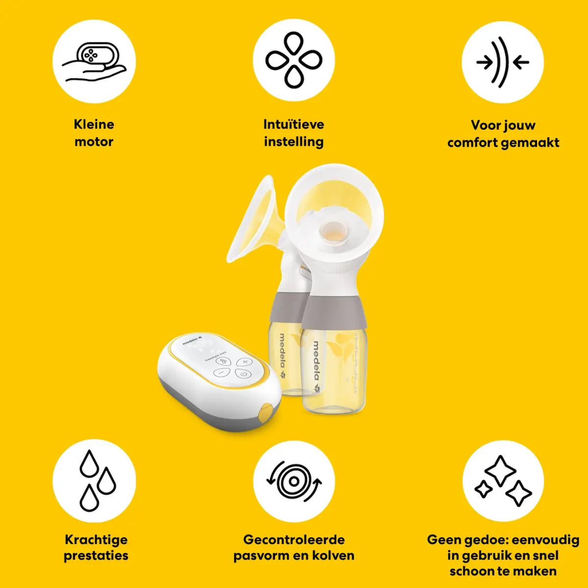 De belangrijkste voordelen en unieke eigenschappen van de Medela Freestyle Mini elektrische borstkolf op een rij.