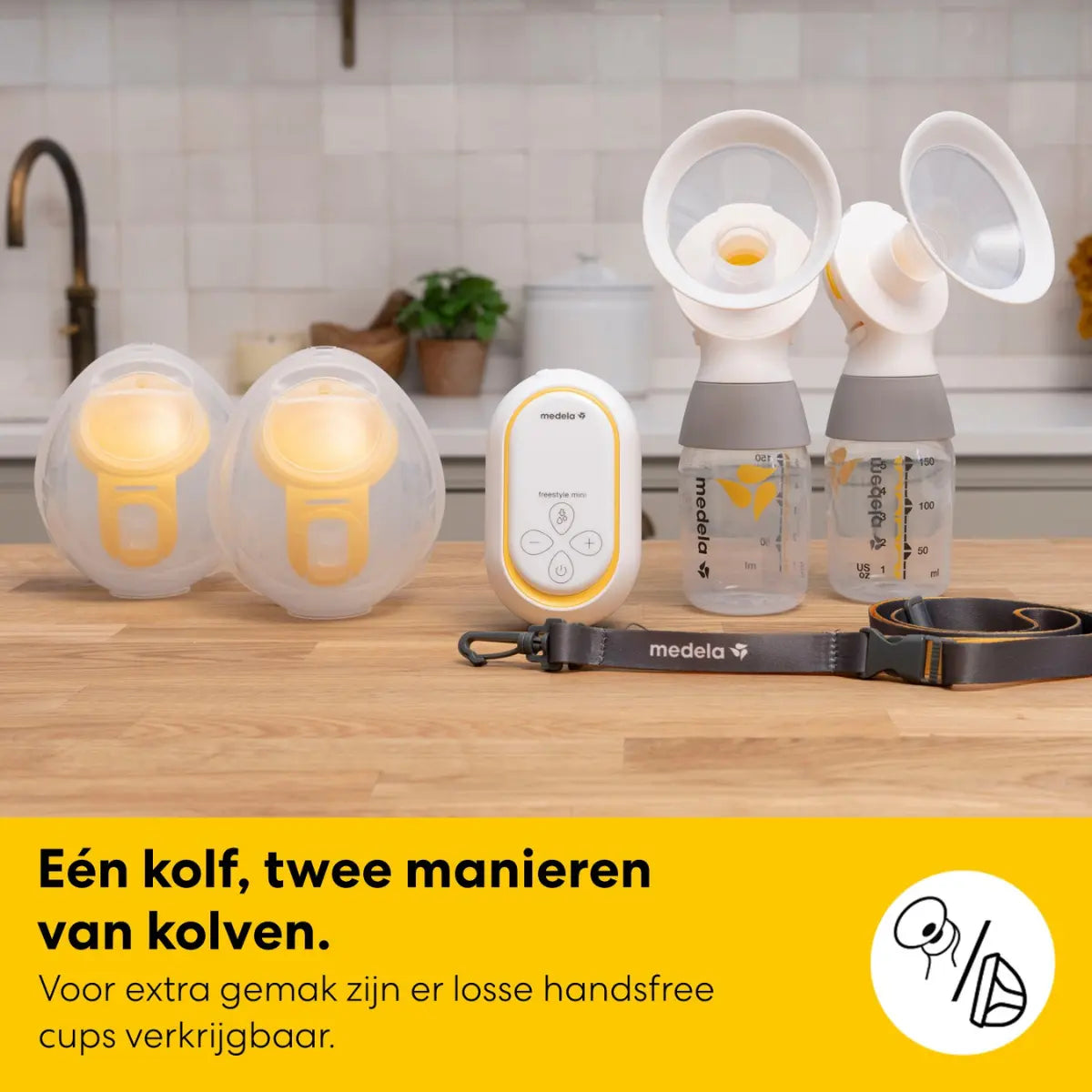 Medela Freestyle Mini borstkolf getoond in zowel de classic uitvoering met flesjes als de handsfree uitvoering met cups.