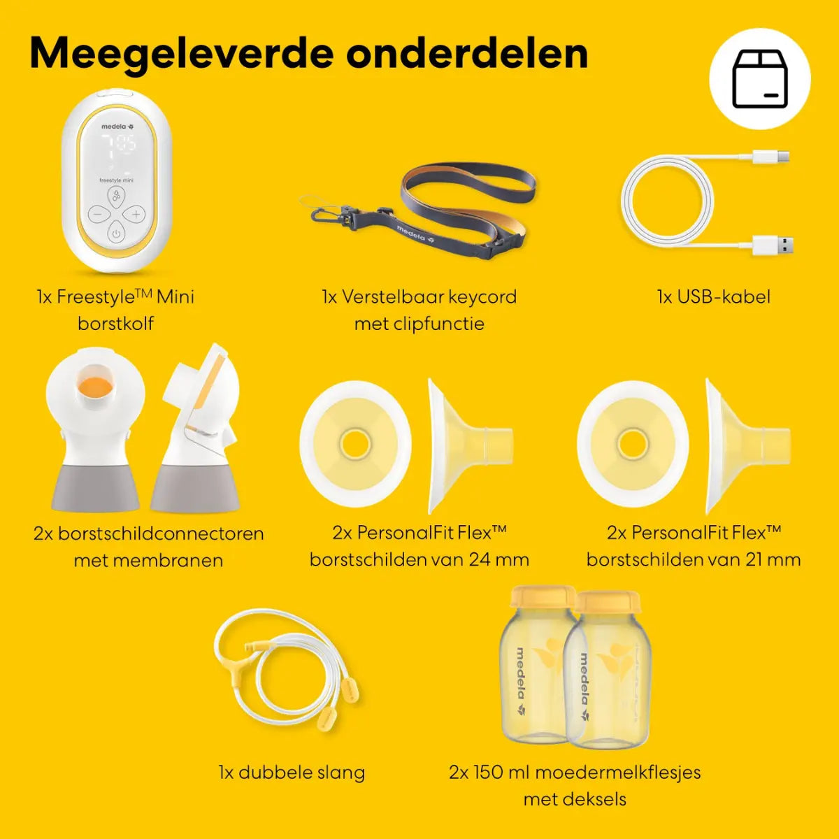Overzicht van alle meegeleverde onderdelen en kolfaccessoires in de verpakking van de Medela Freestyle Mini.