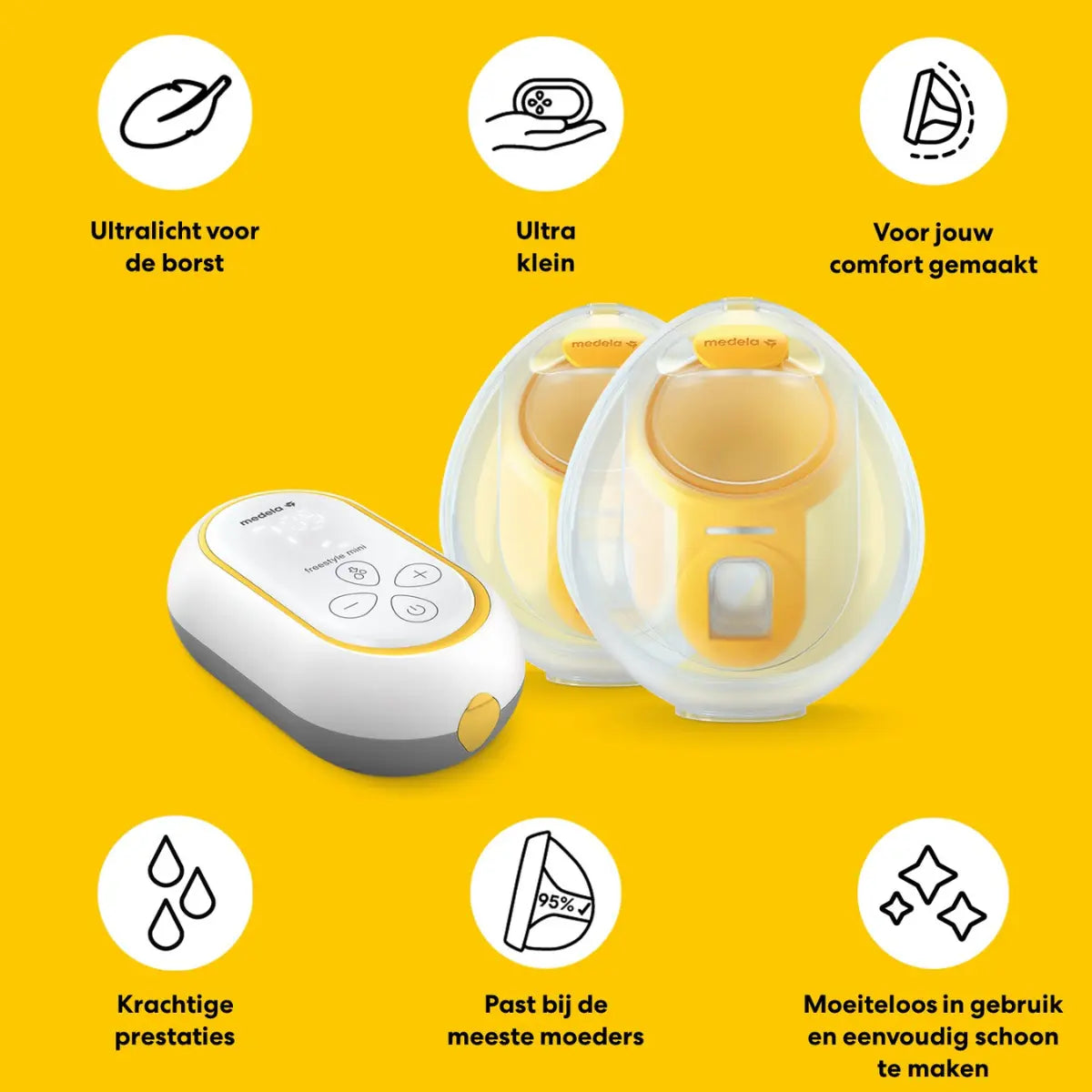De belangrijkste voordelen en unieke eigenschappen van de Medela Freestyle Mini elektrische borstkolf op een rij.