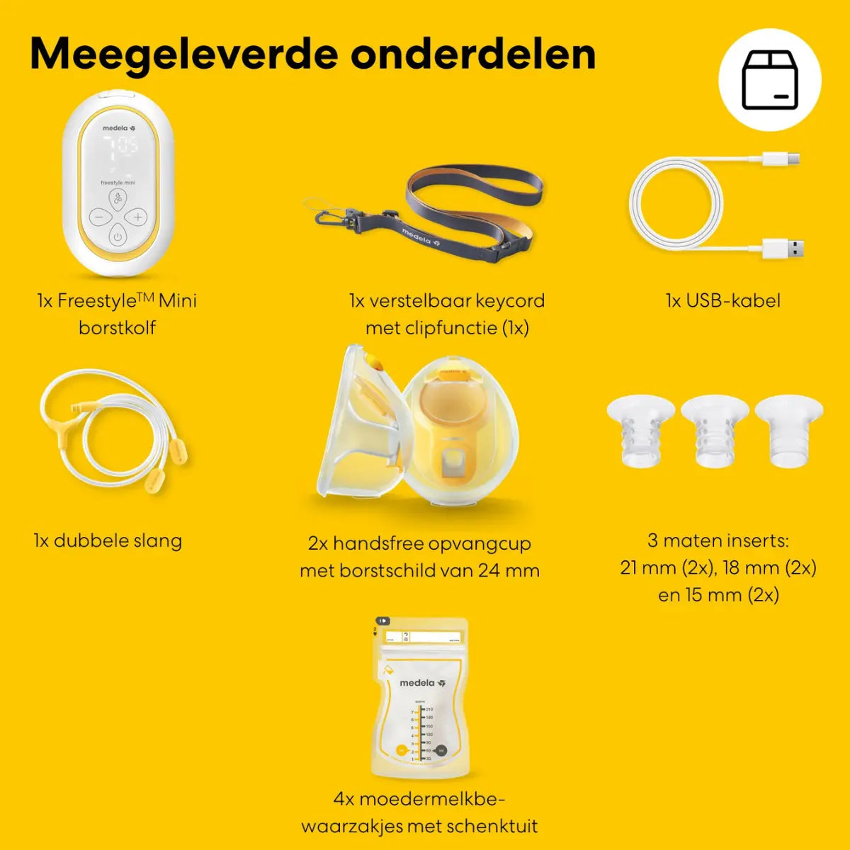 Overzicht van alle meegeleverde onderdelen en kolfaccessoires in de verpakking van de Medela Freestyle Mini.