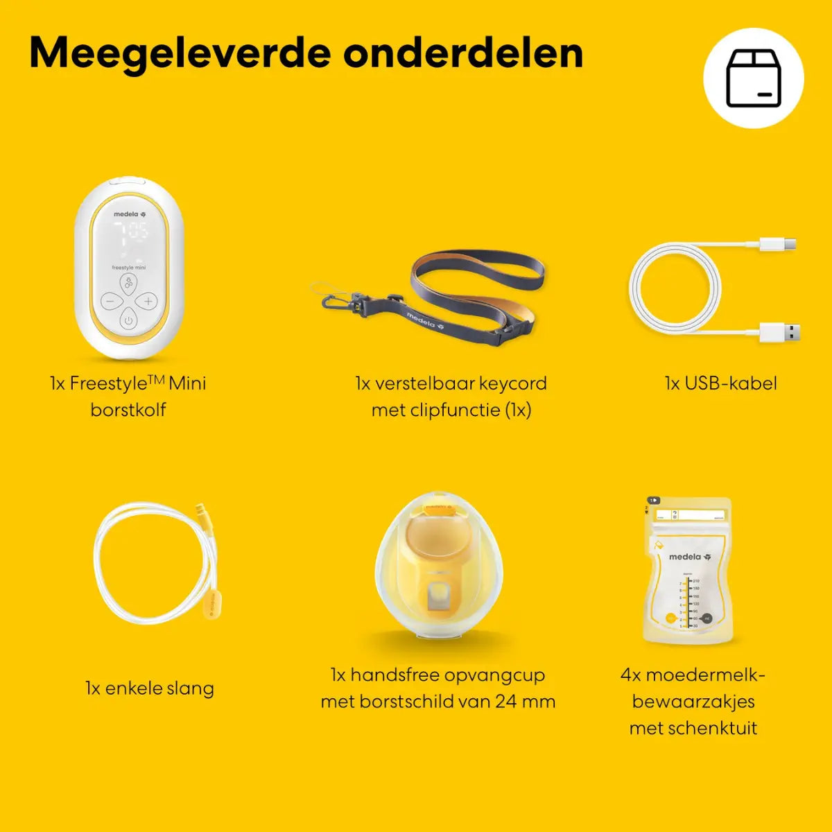 Overzicht van alle meegeleverde onderdelen en kolfaccessoires in de verpakking van de Medela Freestyle Mini.