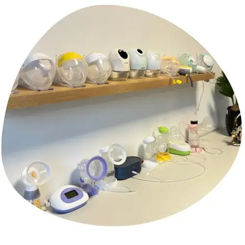 Overzicht van diverse borstkolven op een houten wandplank in de praktijk van Lotjez in Balen voor een kolfconsult